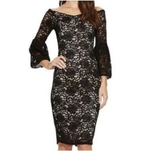 Adrianna Papell Black Lace Dress Bell Sleeve Feminine Holiday Party Evening
